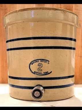 Marshalls Pottery Beige and Navy Blue Stoneware Crock with Spigot